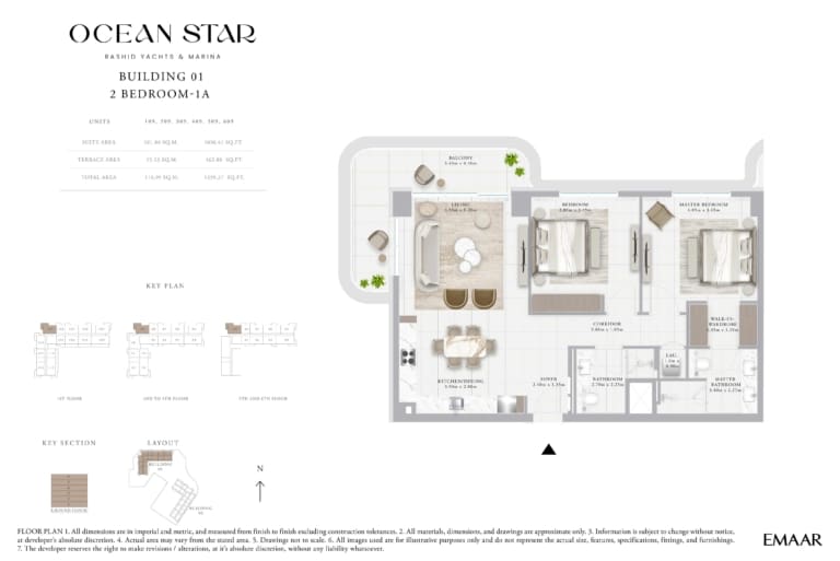 Emaar Ocean Star Building 1 – 2 Bedroom Apartment Type 1A Floor Plan
