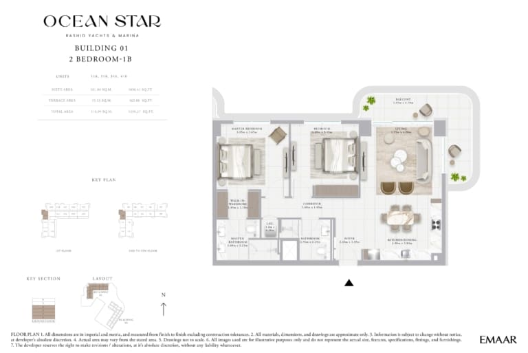 Emaar Ocean Star Building 1 – 2 Bedroom Apartment Type 1B Floor Plan