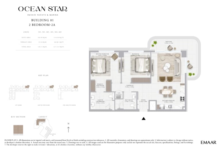 Emaar Ocean Star Building 1 – 2 Bedroom Apartment Type 2A Floor Plan