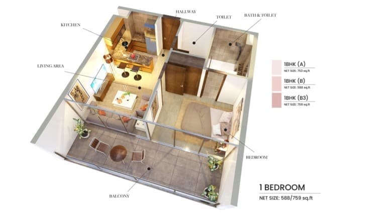 Samana Hills 1 Bedroom Apartment Floor Plan