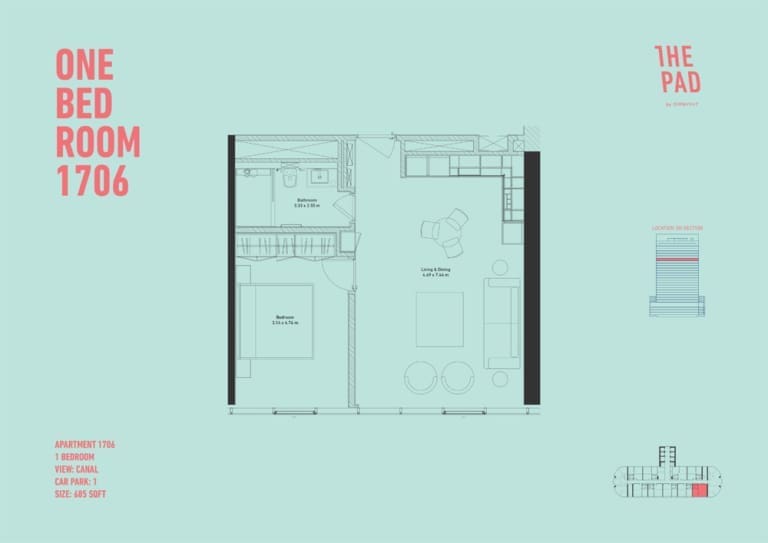 The Pad 1 Bedroom Apartment Unit 1706 Floor Plan