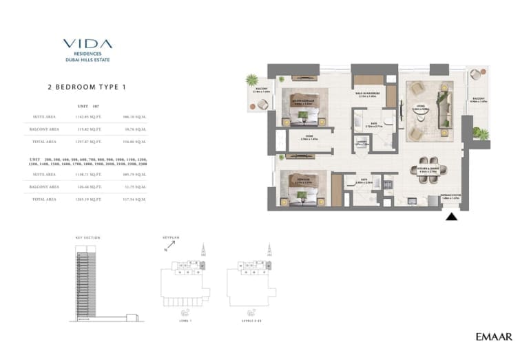 Vida Residence Dubai Hills Estate 2 Bedroom Type 1 Floor Plan