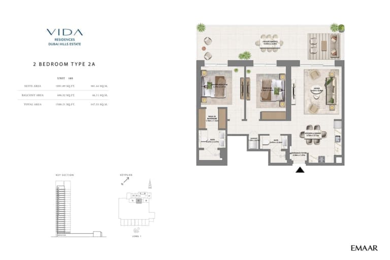 Vida Residence Dubai Hills Estate 2 Bedroom Type 2A Floor Plan