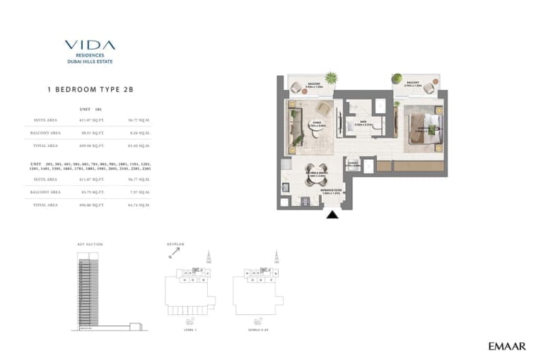 Vida Residence Dubai Hills Estate 1 Bedroom Type 2C Floor Plan