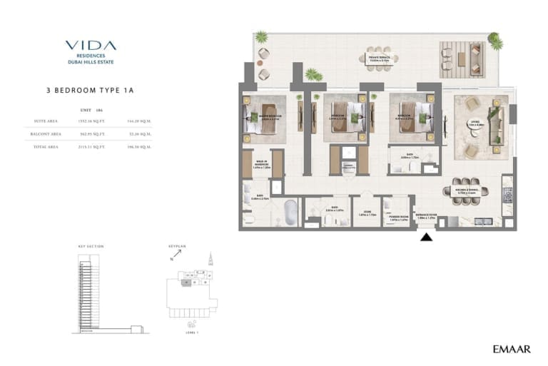 Vida Residence Dubai Hills Estate 3 Bedroom Type 1A Floor Plan