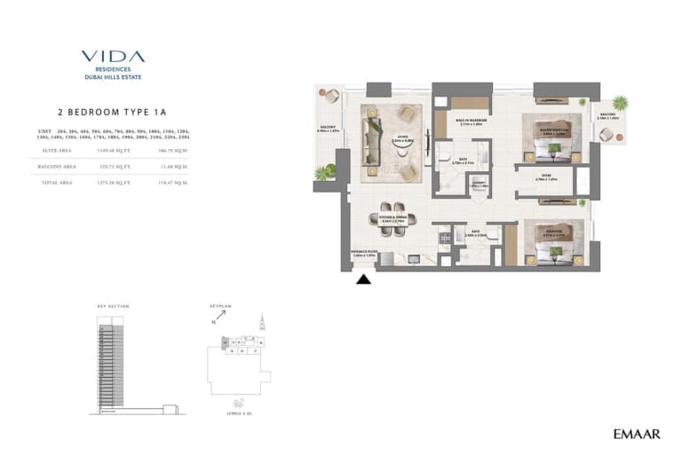 Vida Residence Dubai Hills Estate 2 Bedroom Type 1A Floor Plan