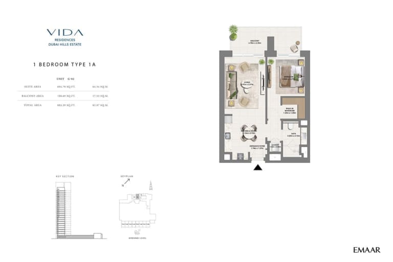 Vida Residence Dubai Hills Estate 1 Bedroom Type 1A Floor Plan