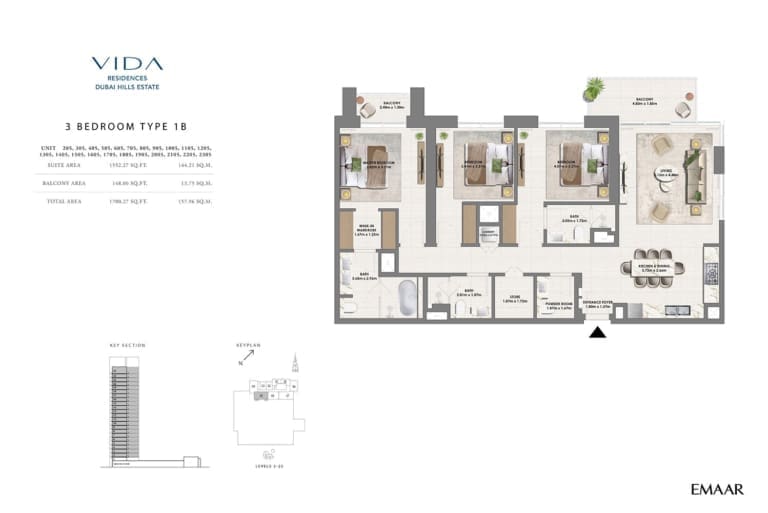 Vida Residence Dubai Hills Estate 3 Bedroom Type 1B Floor Plan