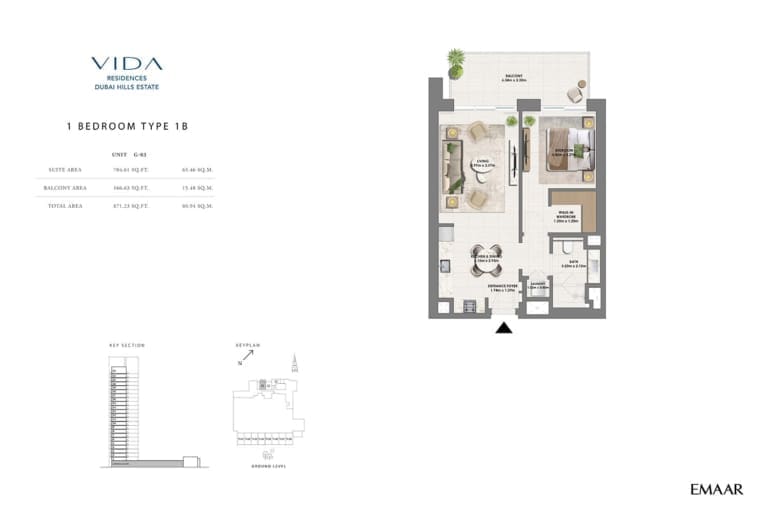 Vida Residence Dubai Hills Estate 1 Bedroom Type 1B Floor Plan