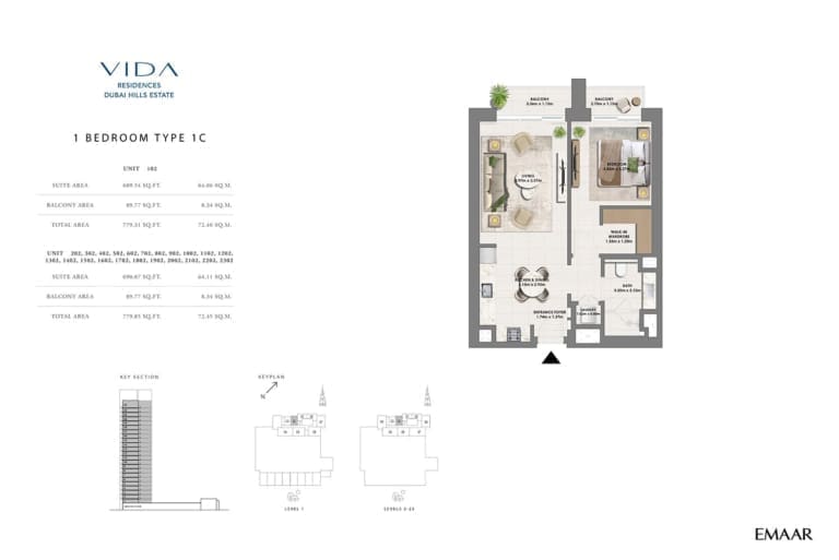 Vida Residence Dubai Hills Estate 1 Bedroom Type 1C Floor Plan