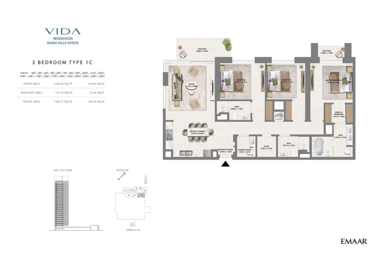 Vida Residence Dubai Hills Estate 3 Bedroom Type 1C Floor Plan