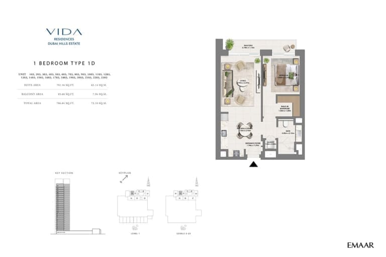 Vida Residence Dubai Hills Estate 1 Bedroom Type 1D Floor Plan