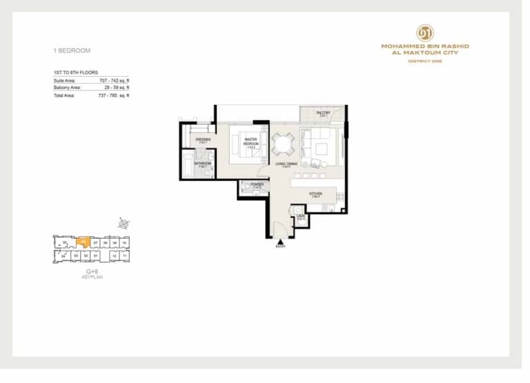 District One Residences 15 – 1 Bedroom Apartment -1 Floor Plan