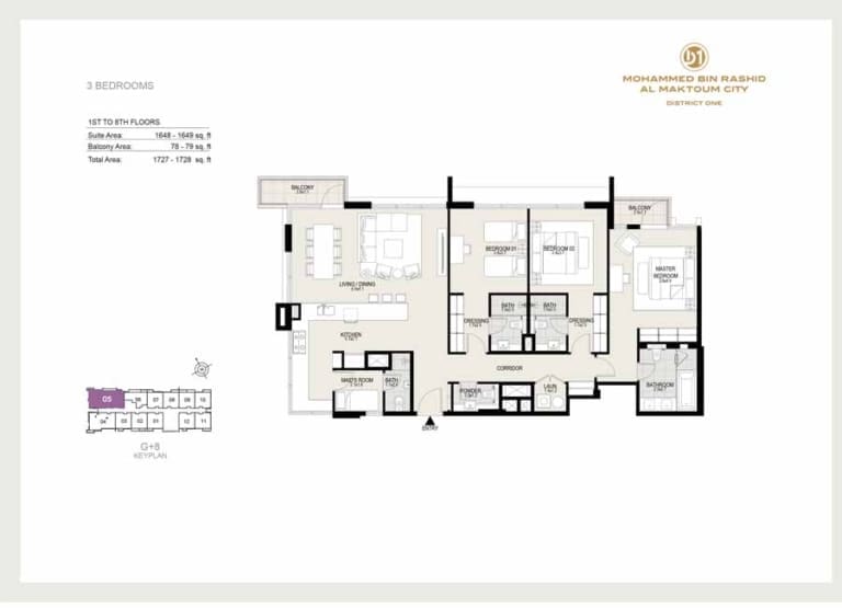 District One Residences 15 – 3 Bedroom Apartment Floor Plan