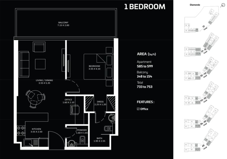 Diamondz by Danube 1 Bedroom Apartment Floor Plan