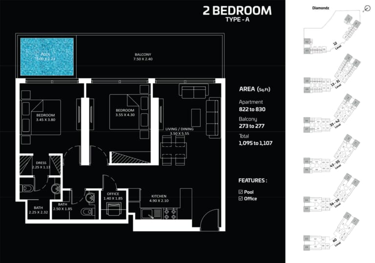 Diamondz by Danube 2 Bedroom Apartment Type A Floor Plan