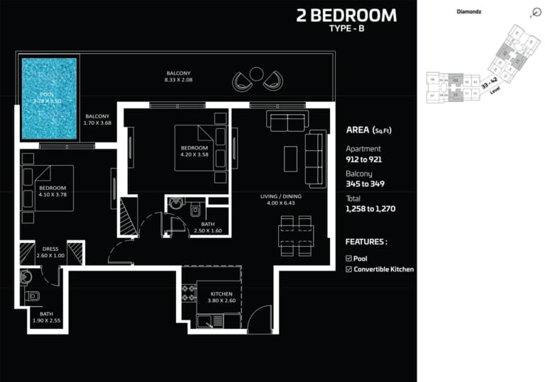 Diamondz by Danube 2 Bedroom Apartment Type B Floor Plan