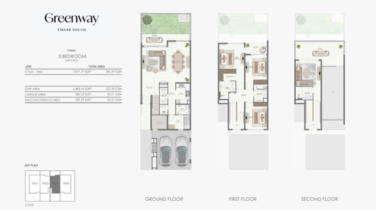 Greenway by Emaar Classic 3 Bedroom Mirrored Apartment Floor Plan