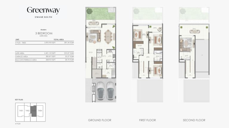 Greenway by Emaar Modern 3 Bedroom Mirrored Apartment Floor Plan