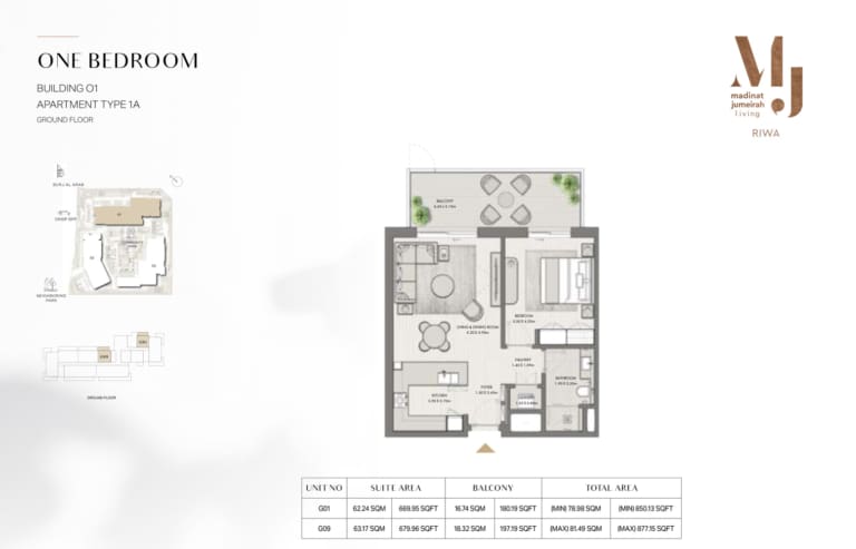 Riwa Apartments Building 1 – 1 Bedroom Type 1A Floor Plan