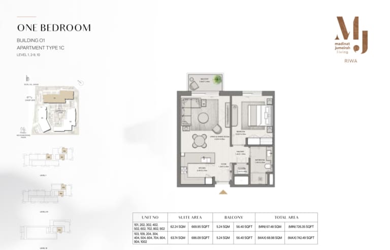 Riwa Apartments Building 1 – 1 Bedroom Type 1C Floor Plan