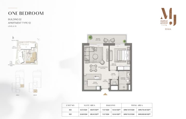 Riwa Apartments Building 2 – 1 Bedroom Type 1D Floor Plan