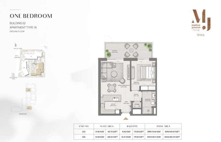 Riwa Apartments Building 2 – 1 Bedroom Type 1A Floor Plan