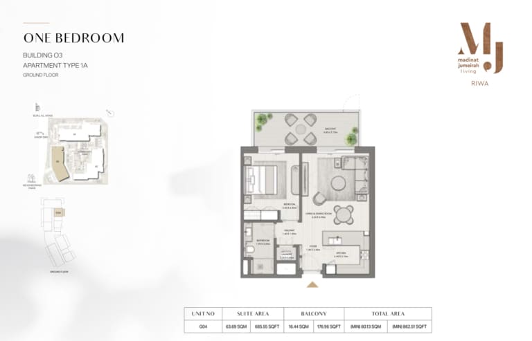 Riwa Apartments Building 3 – 1 Bedroom Type 1A Floor Plan