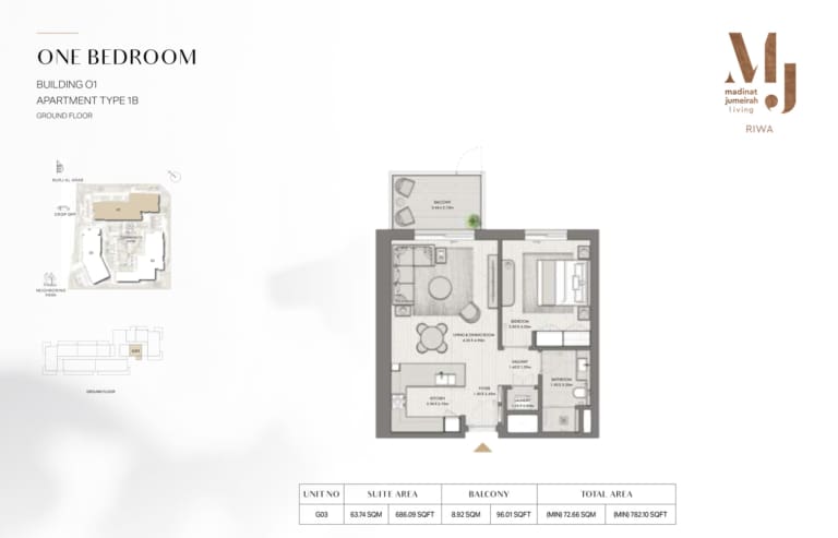 Riwa Apartments Building 1 – 1 Bedroom Type 1B Floor Plan