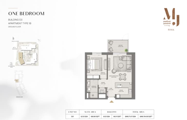 Riwa Apartments Building 3 – 1 Bedroom Type 1B Floor Plan
