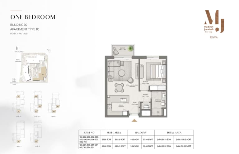 Riwa Apartments Building 2 – 1 Bedroom Type 1C Floor Plan