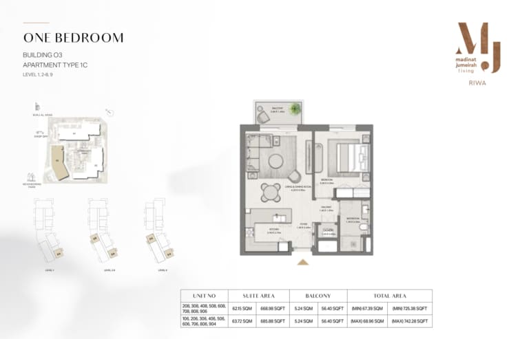 Riwa Apartments Building 3 – 1 Bedroom Type 1C Floor Plan