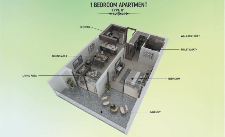 Samana Greens 1 Bedroom Apartment Type 01 Floor Plan