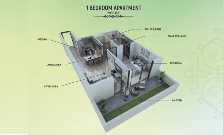 Samana Greens 1 Bedroom Apartment Type 02 Floor Plan