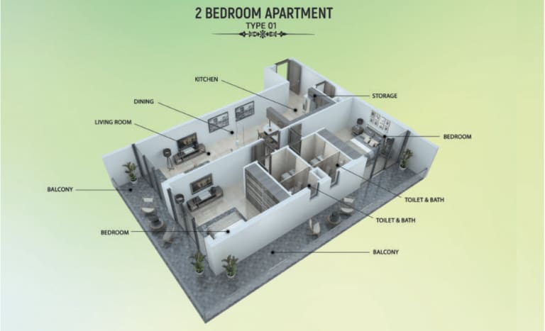 Samana Greens 2 Bedroom Apartment Type 01 Floor Plan