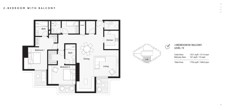One B Tower 2 Bedroom with Balcony Floor Plan