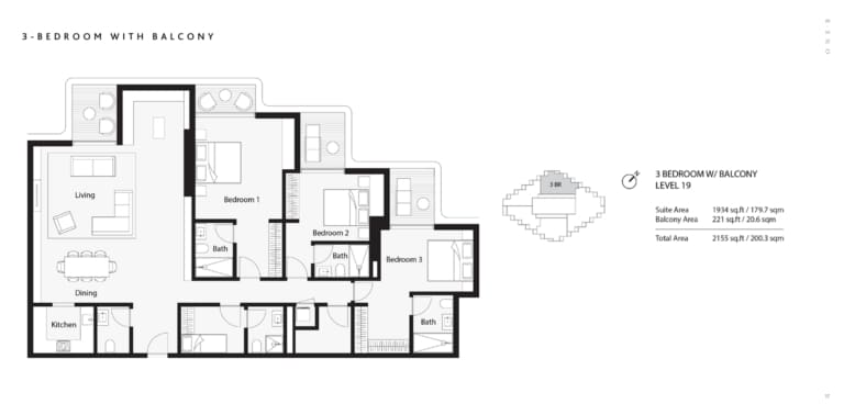 One B Tower 3 Bedroom with Balcony Floor Plan