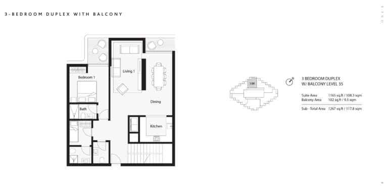 One B Tower 3 Bedroom Duplex with Balcony Floor Plan