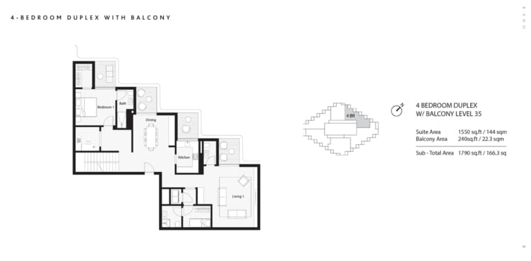 One B Tower 4 Bedroom Duplex with Balcony Floor Plan