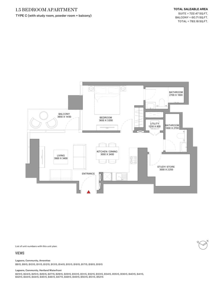 Skyscape Avenue 1 Bedroom Plus Study Apartment Type C Floor Plan