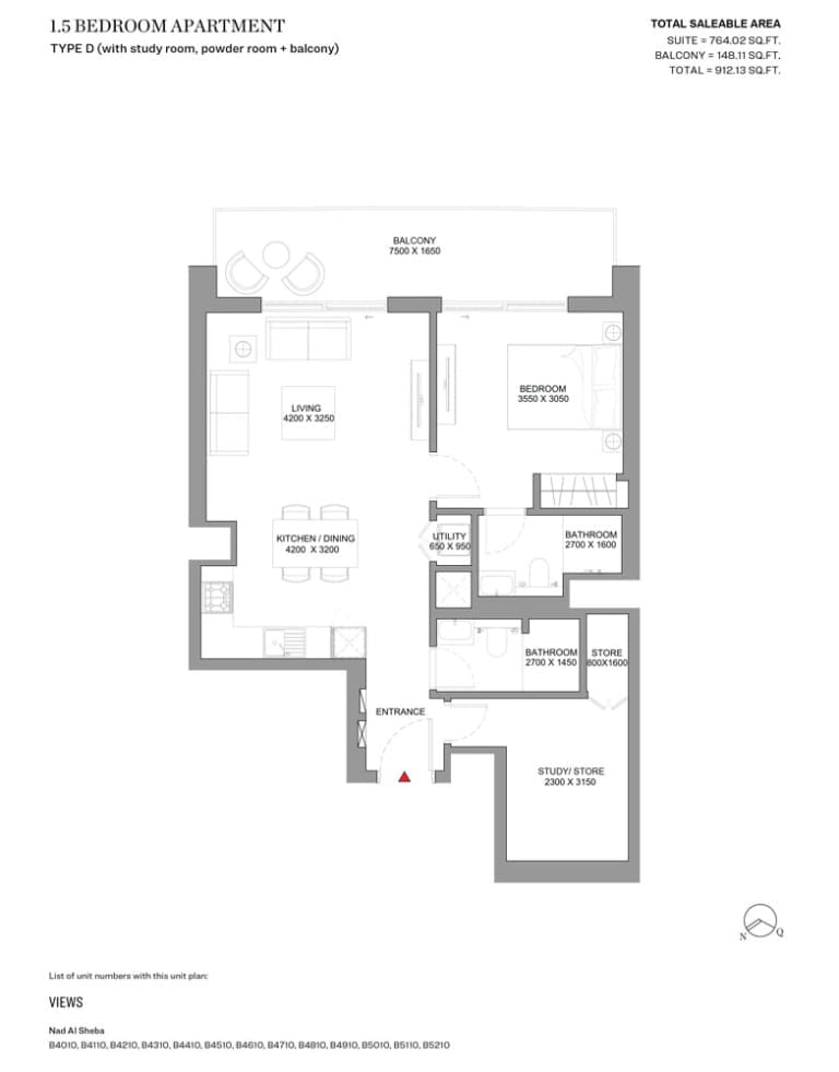 Skyscape Avenue 1 Bedroom Plus Study Apartment Type D Floor Plan