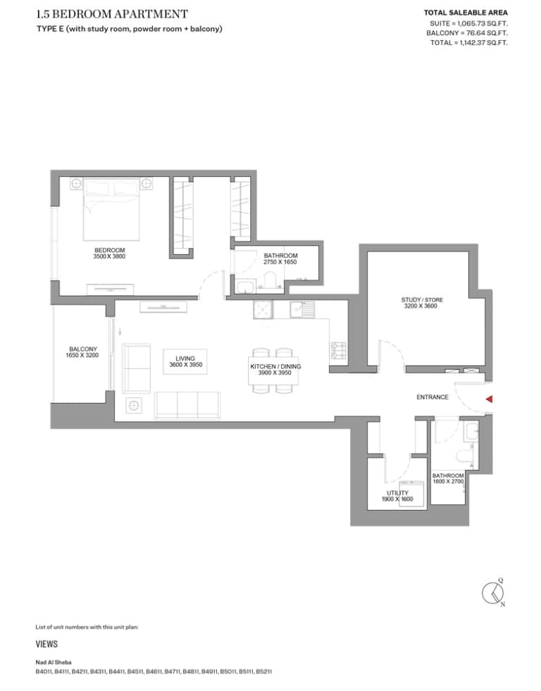 Skyscape Avenue 1 Bedroom Plus Study Apartment Type E Floor Plan