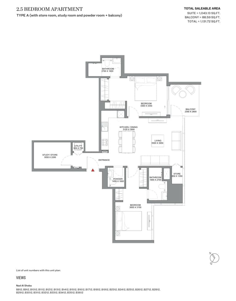 Skyscape Avenue 2 Bedroom Plus Study Apartment Type A Floor Plan