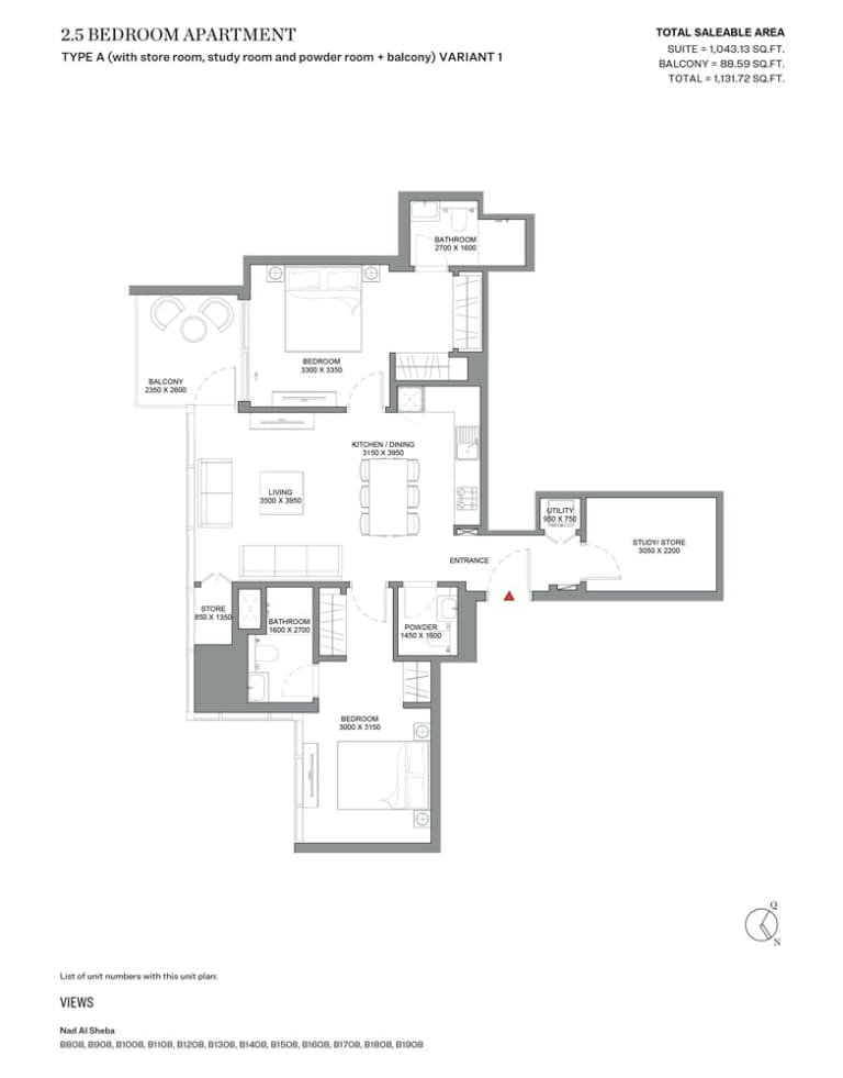 Skyscape Avenue 2 Bedroom Plus Study Apartment Type A Variant 1 Floor Plan