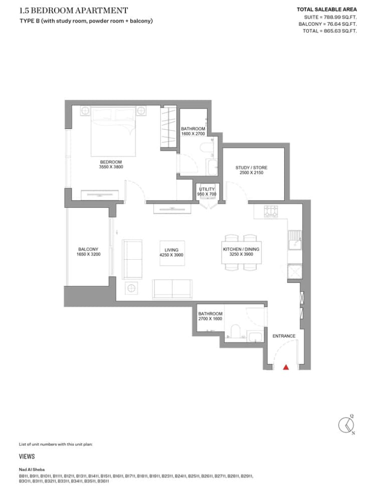 Skyscape Avenue 1 Bedroom Plus Study Apartment Type B Floor Plan