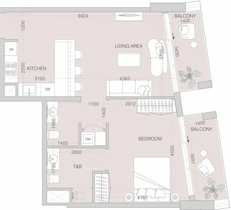 Lum1nar 1 Bedroom Apartment Floor Plan