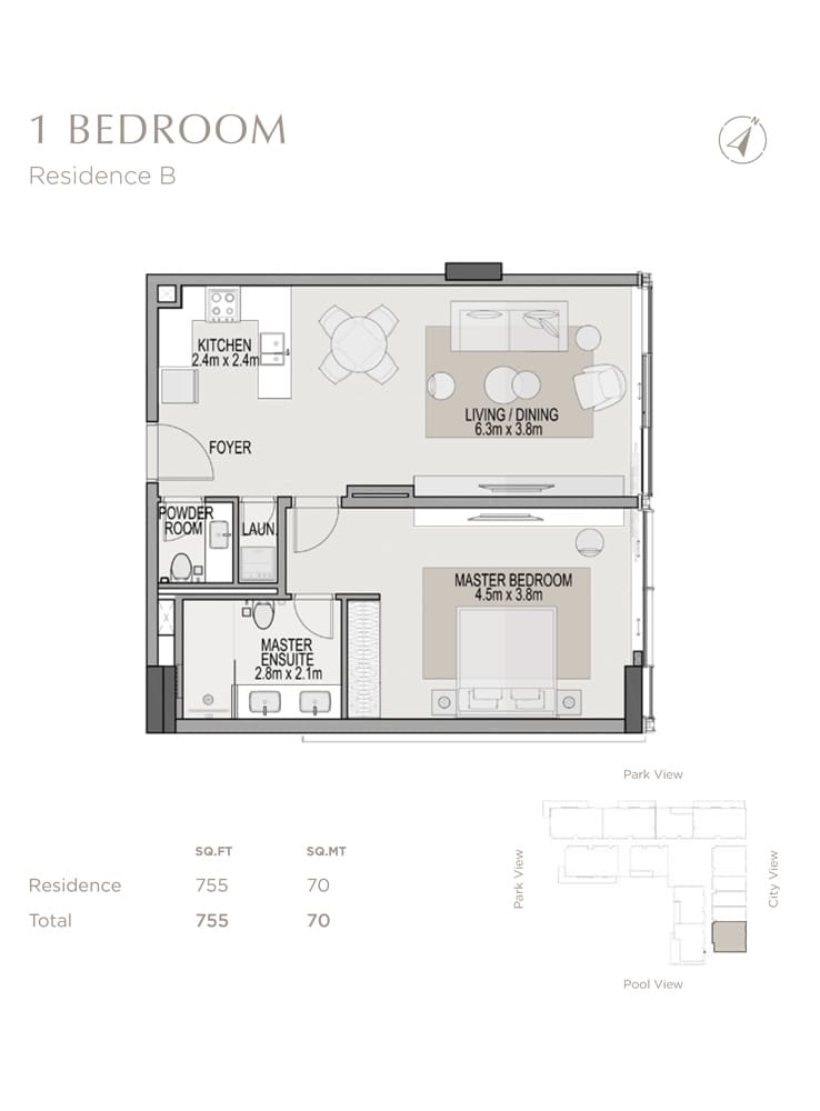 Berkeley 1 Bedroom Residence B Floor Plan