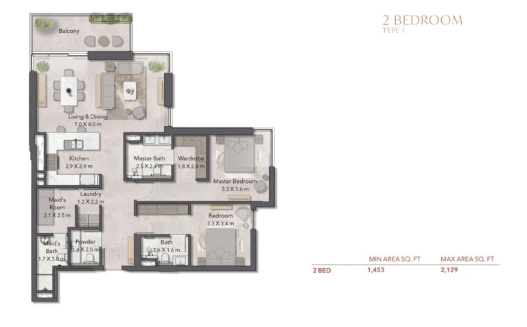 Cilia At Ghaf Woods 2 Bedroom Apartment Type 1 Floor Plan