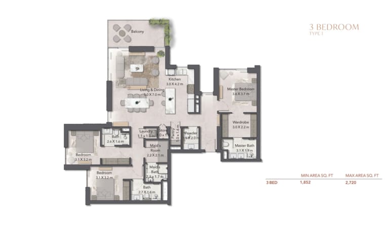 Cilia At Ghaf Woods 3 Bedroom Apartment Type 1 Floor Plan