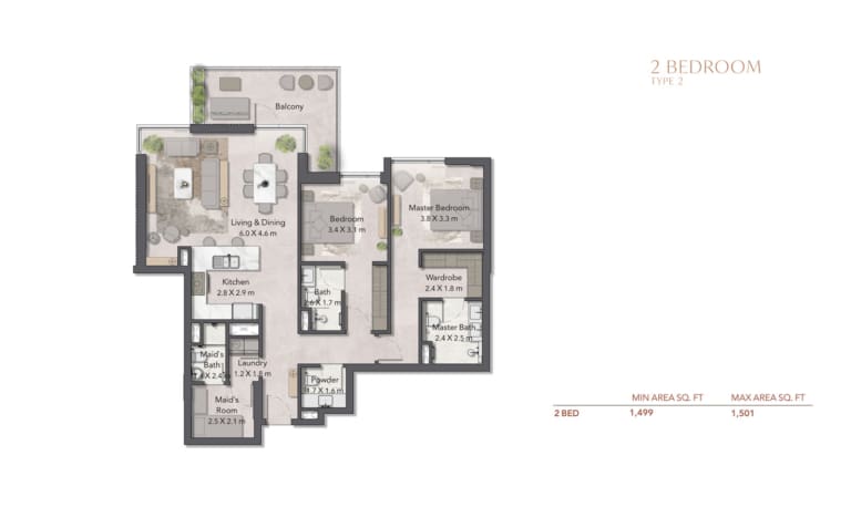Cilia At Ghaf Woods 2 Bedroom Apartment Type 2 Floor Plan